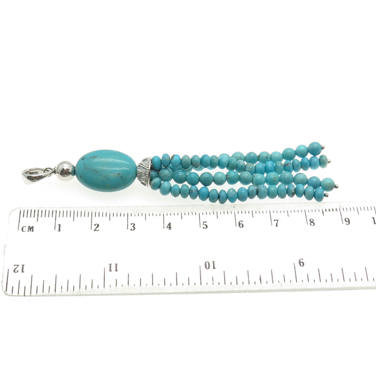 925 Sterling Silver Vintage Real Turquoise Gemstone Beaded Tassel Pendant