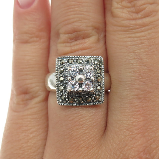 ATI 925 Sterling Silver Vintage Marcasite Gem & Round-Cut Shaped C Z Ring Size 6