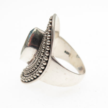925 Sterling Silver Vintage Real Blue Topaz Modernist Beaded Ring Size 7.25