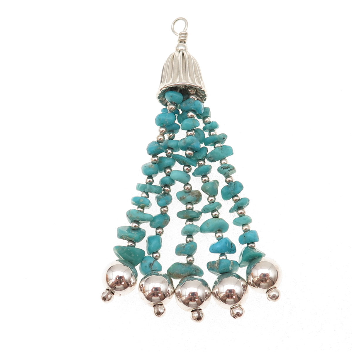 Old Pawn 925 Sterling Silver Vintage Southwestern Turquoise Beads Tassel Pendant