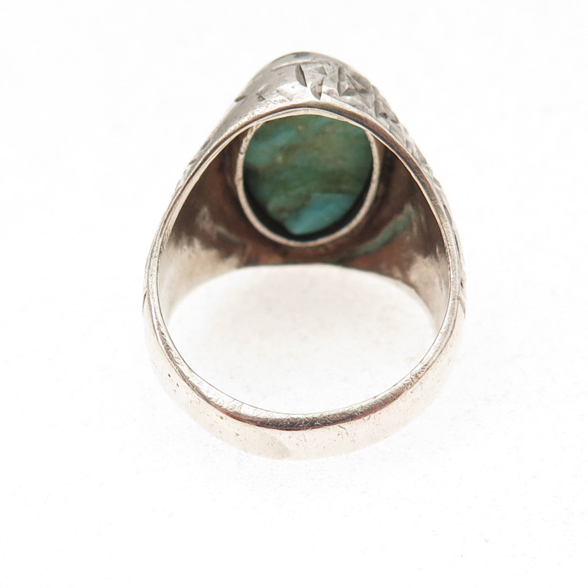 925 Sterling Silver Vintage Real Turquoise Diamond-Cut Oxidized Ring Size 9.75