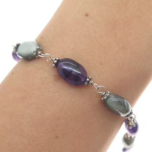 925 Sterling Silver Vintage Real Amethyst & Agate Oxidized Bracelet 7"