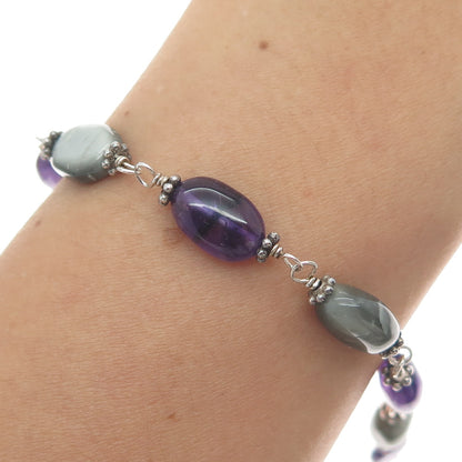 925 Sterling Silver Vintage Real Amethyst & Agate Oxidized Bracelet 7"