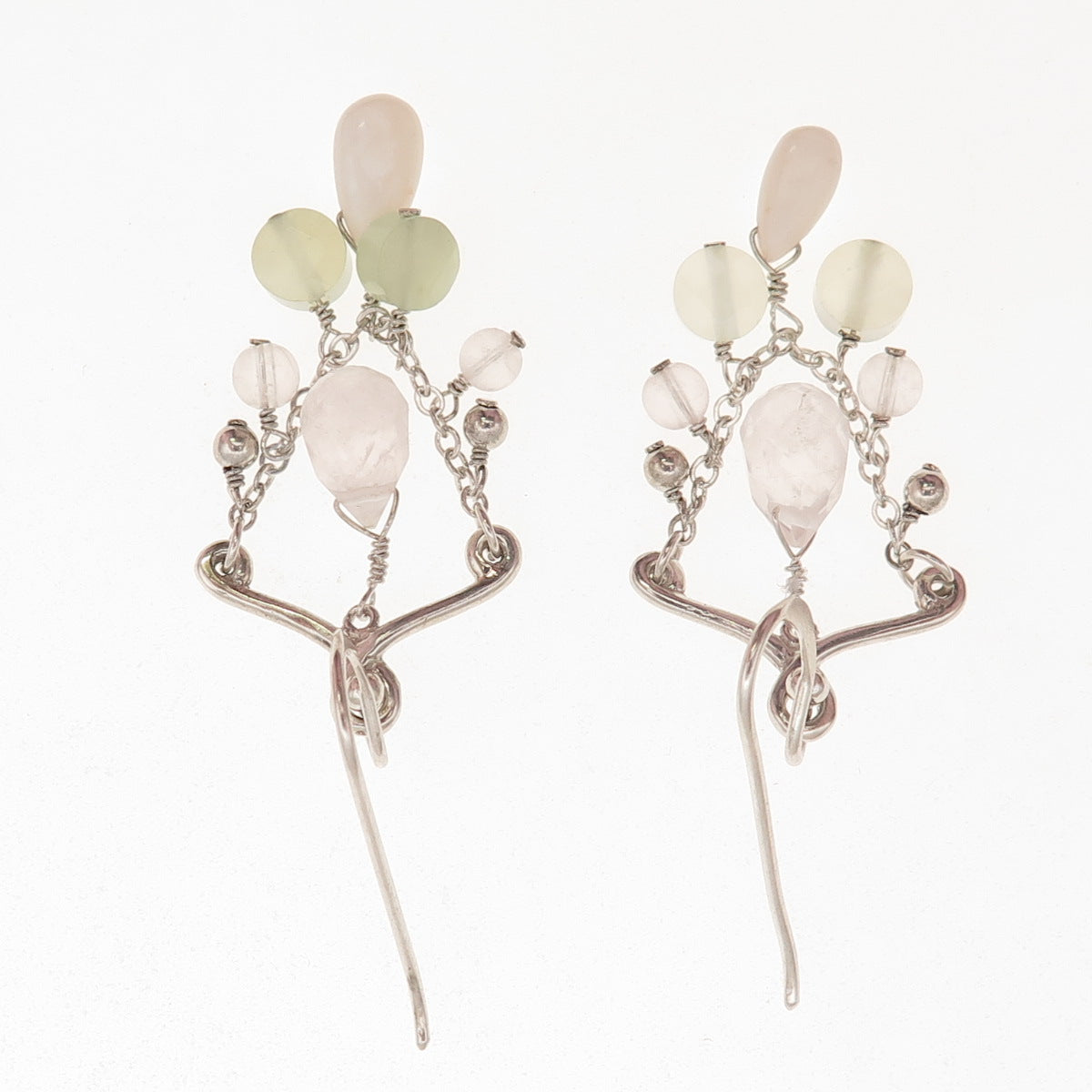 BARSE 925 Sterling Silver Vintage Real MOP Jade & Rose Quartz Dangle Earrings