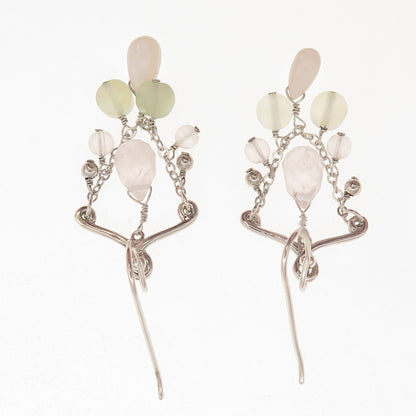 BARSE 925 Sterling Silver Vintage Real MOP Jade & Rose Quartz Dangle Earrings