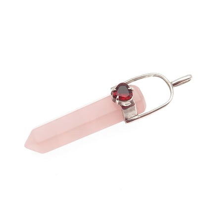 925 Sterling Silver Vintage Real Rose Quartz & Red Garnet Heart Amulet Pendant