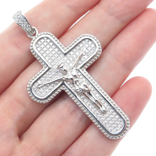 925 Sterling Silver Round-Cut Shaped C Z Crucifix Cross Religious Pendant