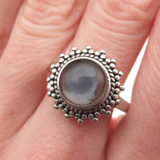 925 Sterling Silver Vintage Clear Crystal Sun Beaded Oxidized Ring Size 9