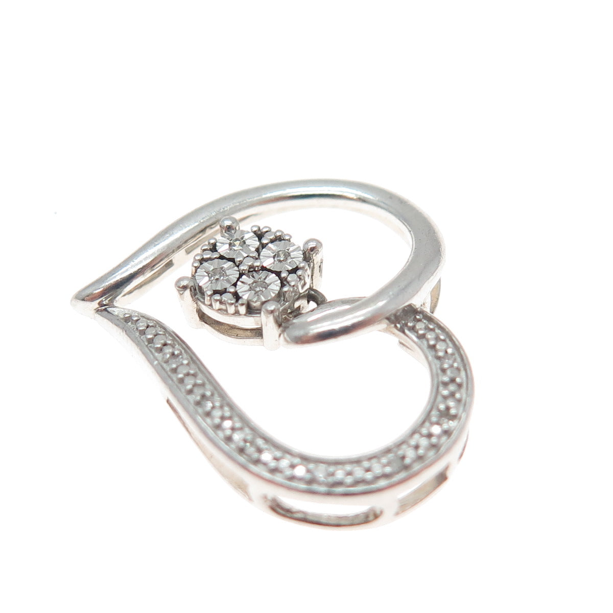 925 Sterling Silver Real Round-Cut Diamond Heart Slide Charm Pendant