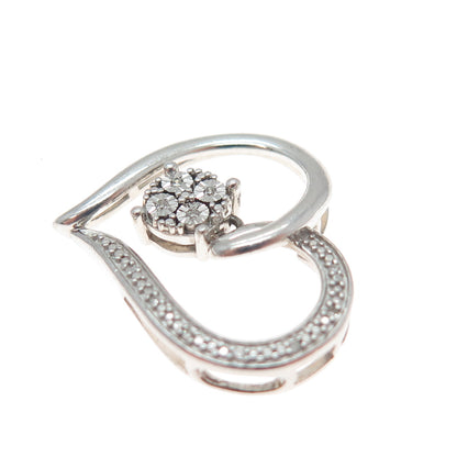 925 Sterling Silver Real Round-Cut Diamond Heart Slide Charm Pendant