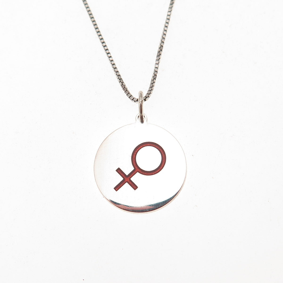 925 Sterling Silver Red Enamel Female Symbol Box Chain Necklace 18"