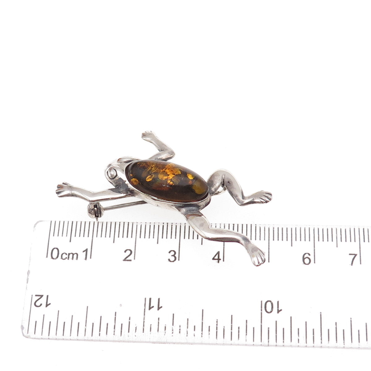 925 Sterling Silver Vintage Real Amber Good Luck Oxidized Pin Brooch