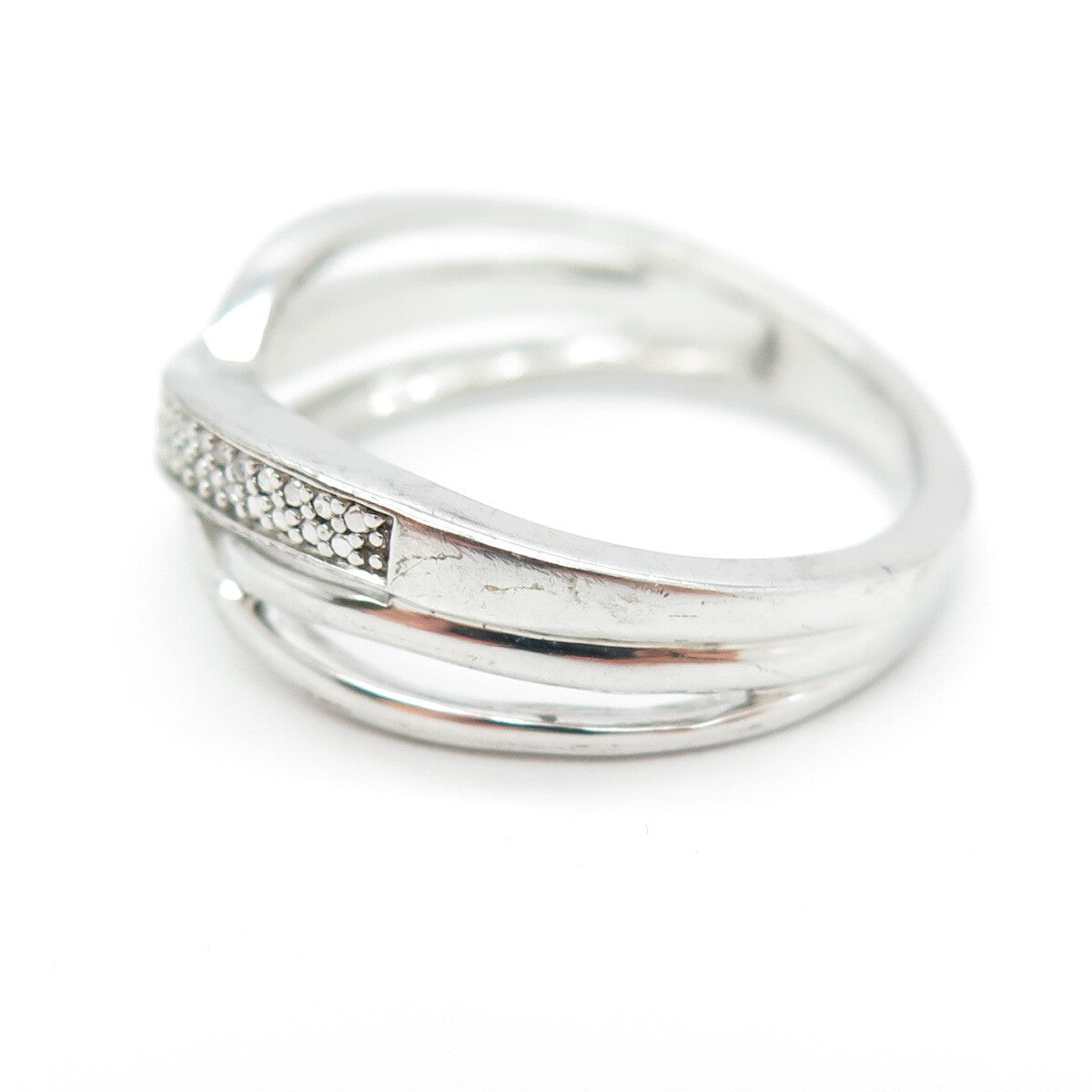 SUN 925 Sterling Silver Real Round-Cut Diamond Crisscross Ring Size 7