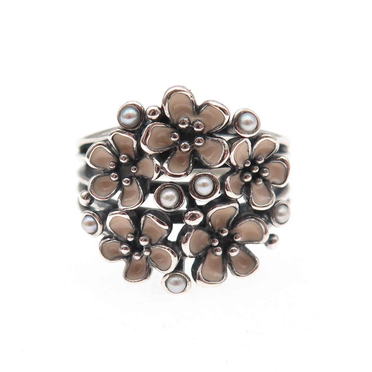 Pandora Sterling Silver Enamel Real Pearl Cherry Blossom Bouquet Ring Size 7.75