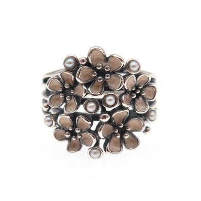Pandora Sterling Silver Enamel Real Pearl Cherry Blossom Bouquet Ring Size 7.75