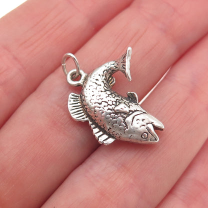 925 Sterling Silver Vintage Fish Oxidized 3D Mini Charm Pendant