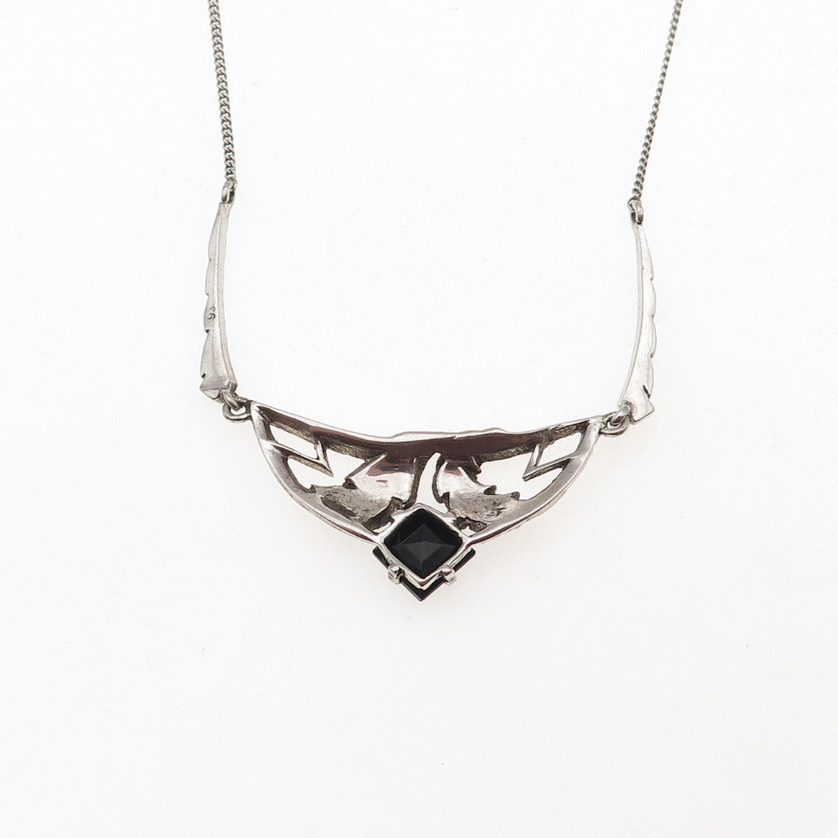 935 Silver Antique Art Deco Real Black Onyx Chain Necklace 18" (missing lock)