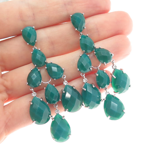 925 Sterling Silver Real Pear-Cut Green Onyx Chandelier Dangle Earrings