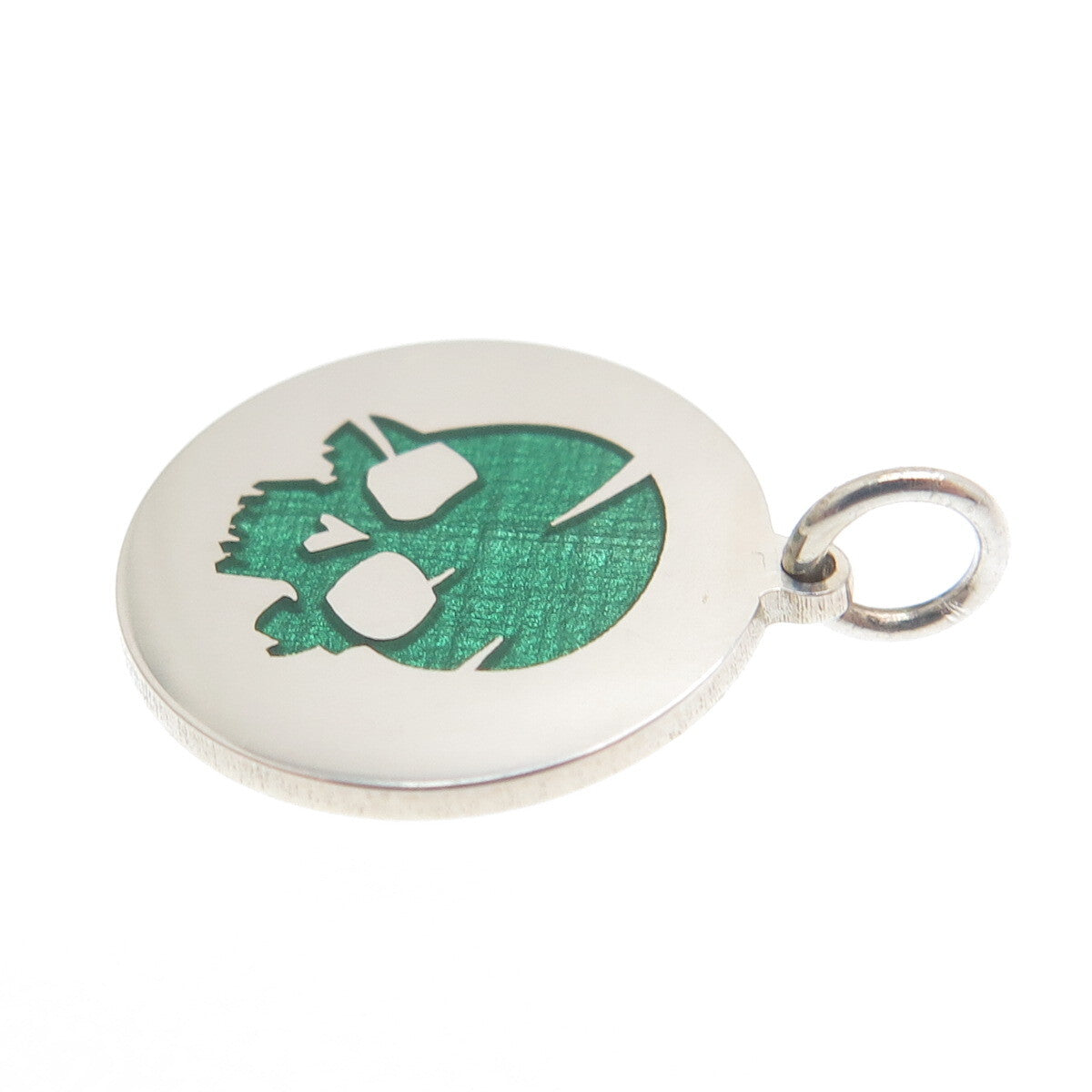 925 Sterling Silver Green Enamel Skull Round Tag Minimalist Charm Pendant