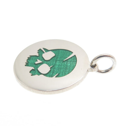 925 Sterling Silver Green Enamel Skull Round Tag Minimalist Charm Pendant