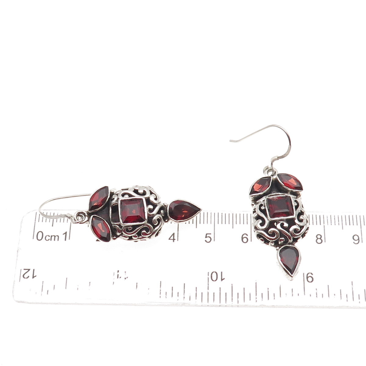 925 Sterling Silver Vintage Real Red Garnet Ornate Dangle Earrings