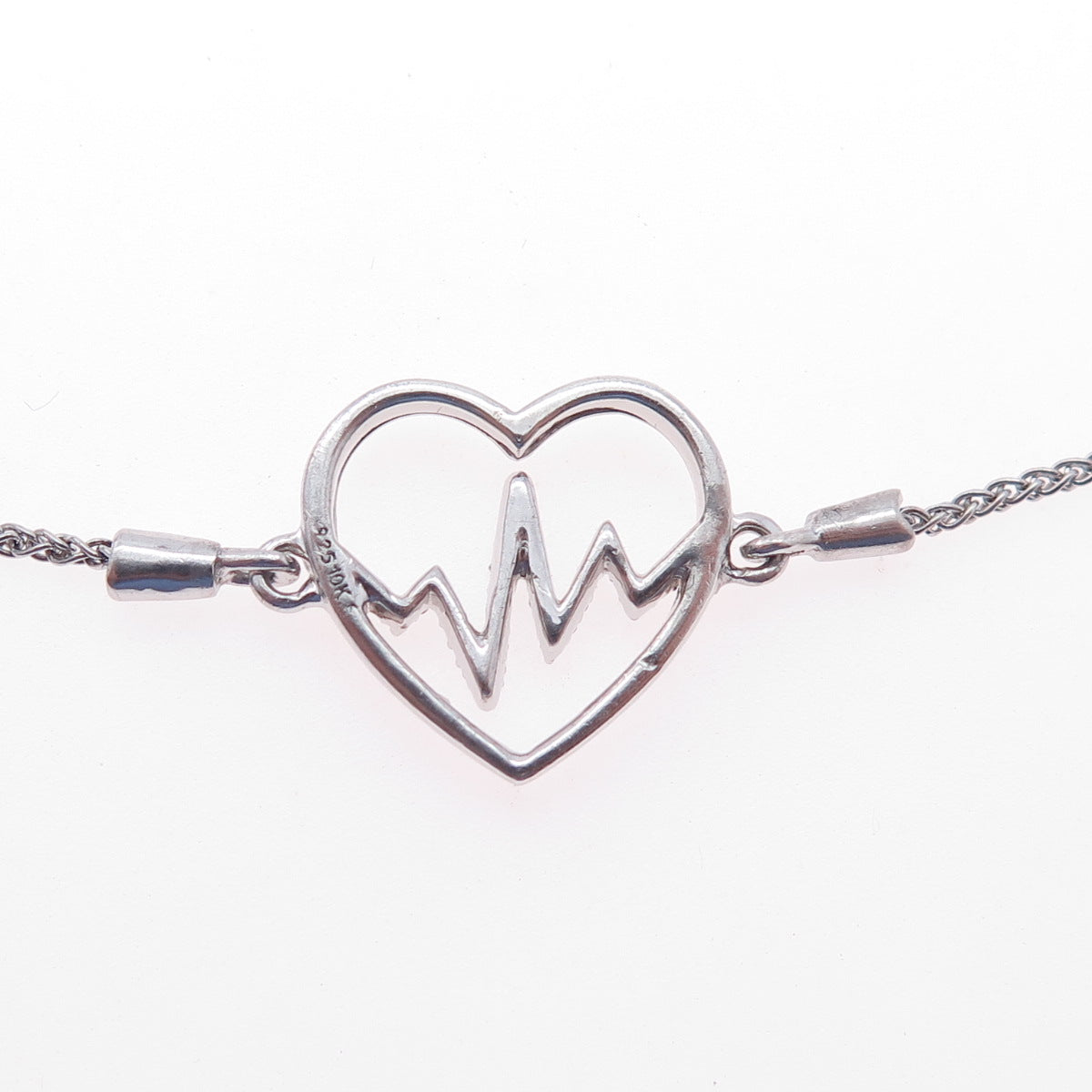 925 Sterling Silver 10K Gold Real Diamond Heartbeat Adjustable Bracelet 6-8.75"