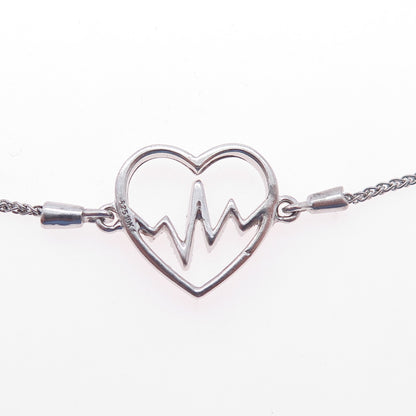925 Sterling Silver 10K Gold Real Diamond Heartbeat Adjustable Bracelet 6-8.75"
