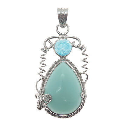 925 Sterling Silver Vintage Real Larimar Blue Quartz Butterfly Teardrop Pendant