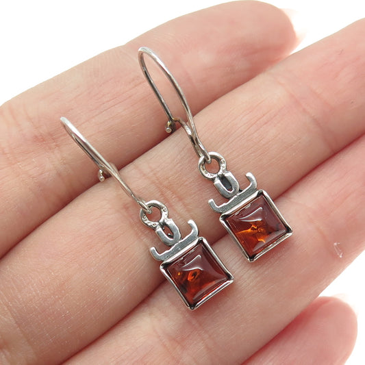 925 Sterling Silver Vintage Real Amber Modernist Dangling Earrings