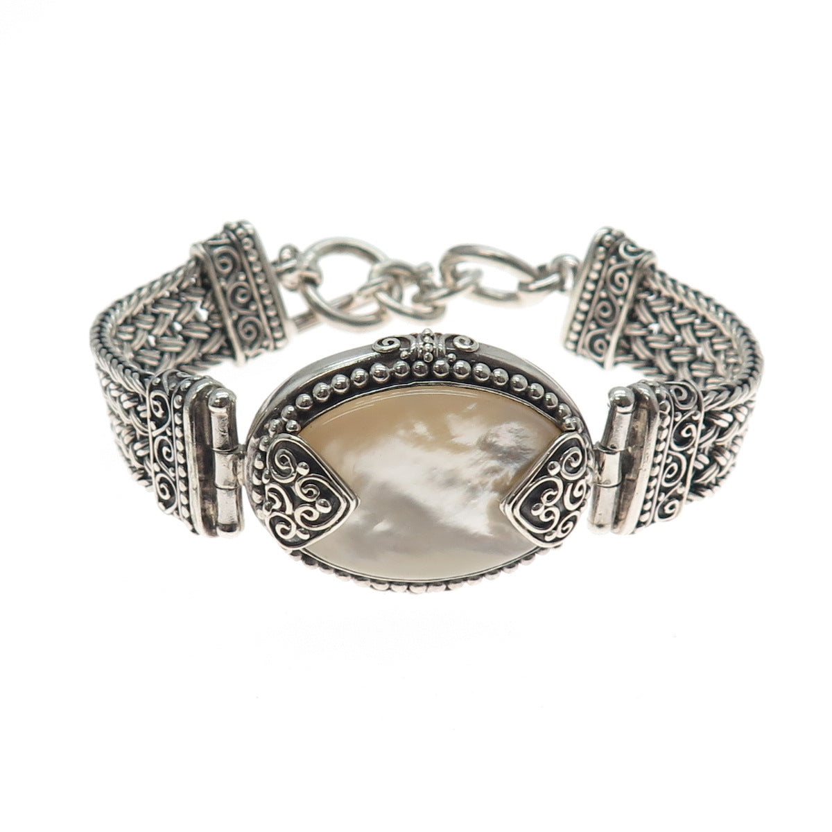 SUARTI BALI 925 Sterling Vintage Real MOP Ornate Heart Woven Link Bracelet 7.25"