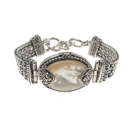 SUARTI BALI 925 Sterling Vintage Real MOP Ornate Heart Woven Link Bracelet 7.25"