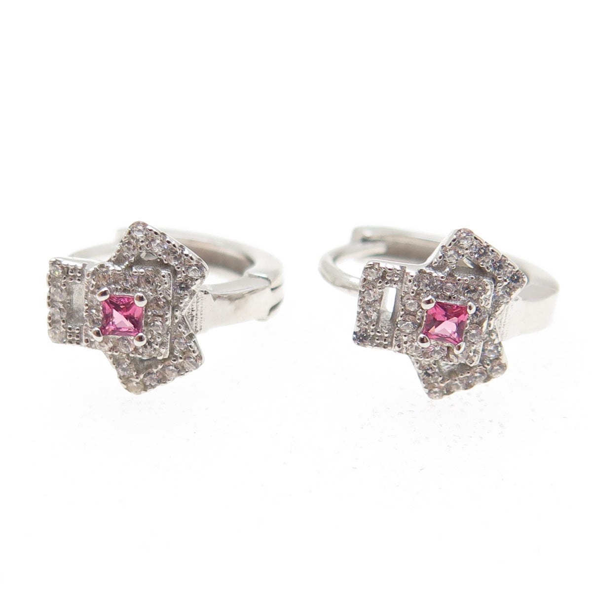 925 Sterling Silver Pink Princess-Cut & White Round-Cut Shaped C Z Hoop Earrings