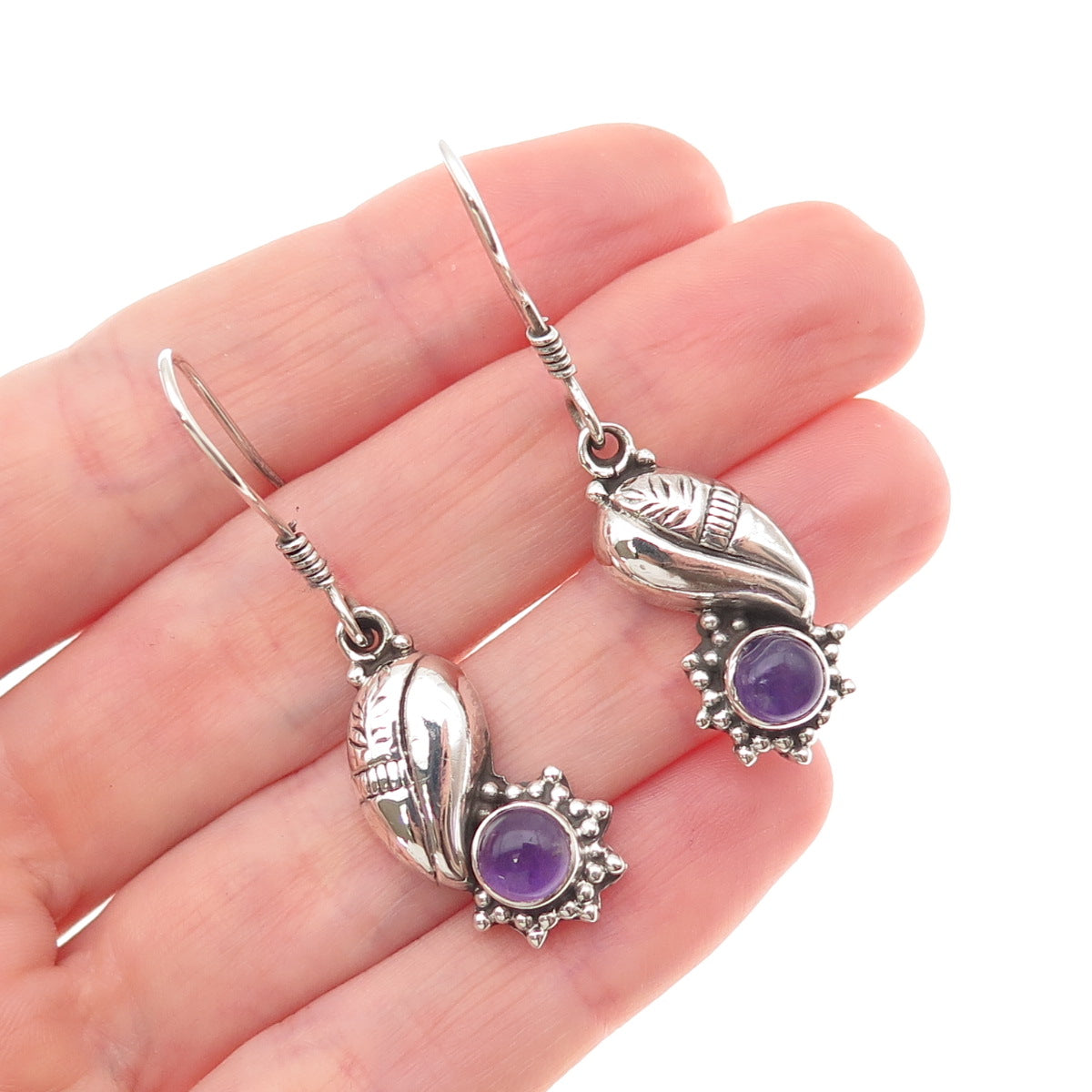 925 Sterling Silver Vintage Real Amethyst Modernist Floral Dangle Earrings
