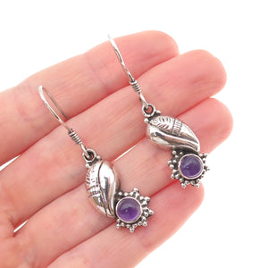 925 Sterling Silver Vintage Real Amethyst Modernist Floral Dangle Earrings