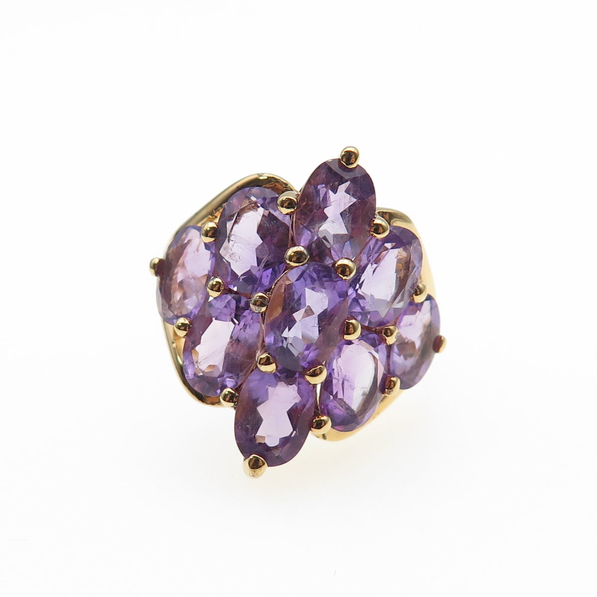 925 Sterling Silver Gold Plated Real Oval-Cut Amethyst Cluster Ring Size 7.25
