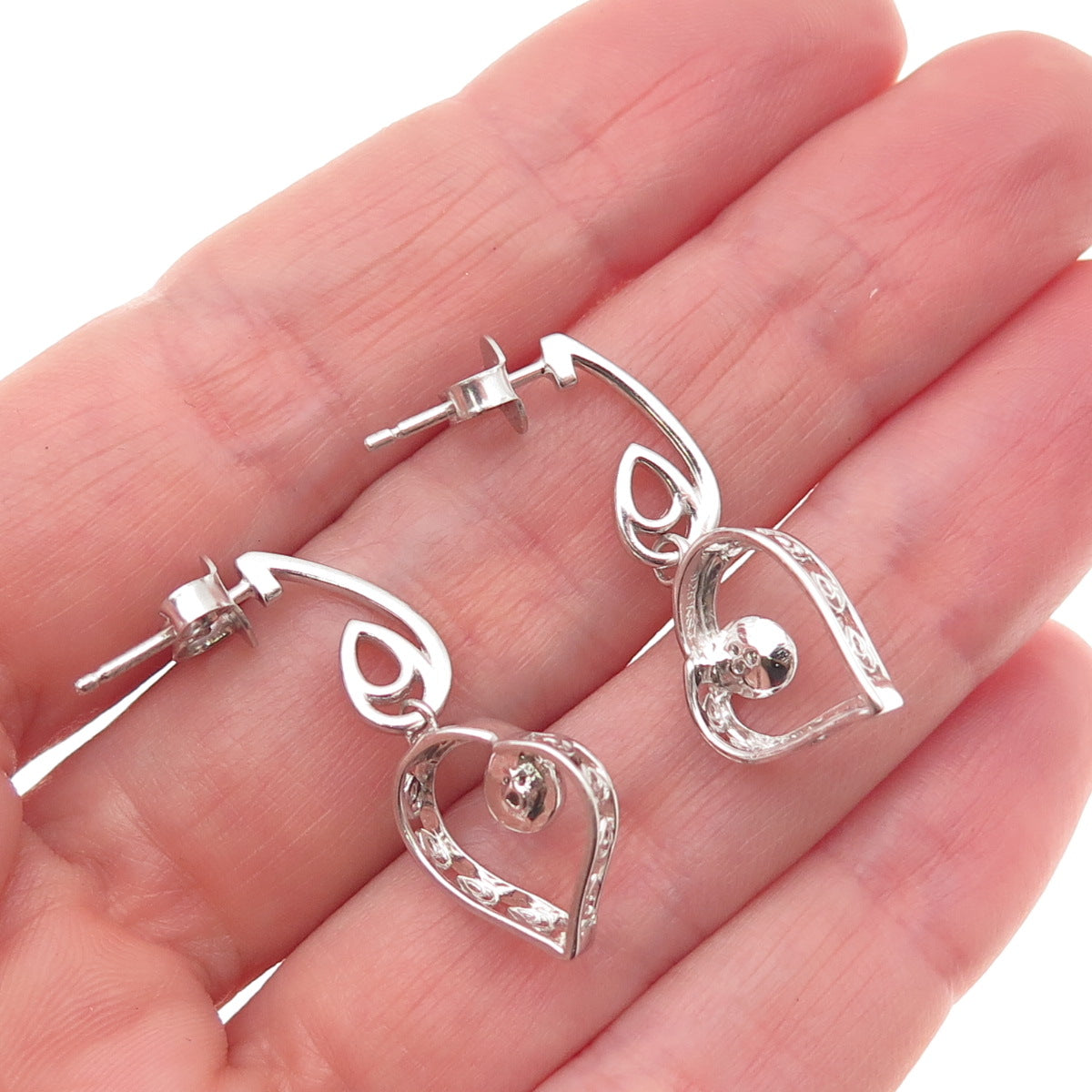 925 Sterling Silver Real Round-Cut Diamond Heart Dangle Earrings