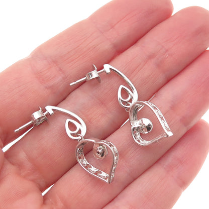 925 Sterling Silver Real Round-Cut Diamond Heart Dangle Earrings