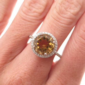 925 Sterling Silver Real Round-Cut Diamond & Smoky Quartz Ring Size 8