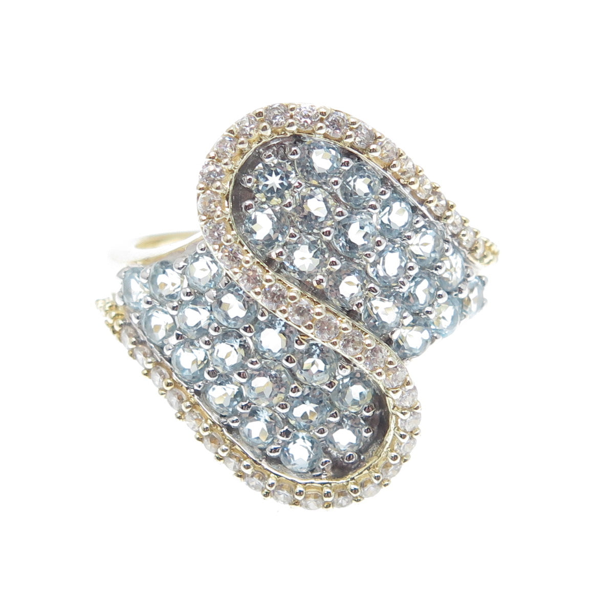 HN HENG NGAI 925 Sterling Gold Plated Real Blue Topaz & C Z Wavy Ring Size 9.25
