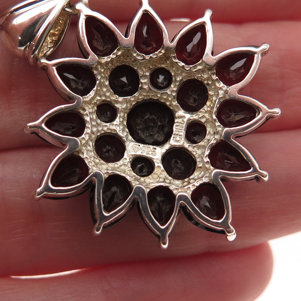 925 Sterling Silver Vintage Real Red Garnet Floral Charm Pendant