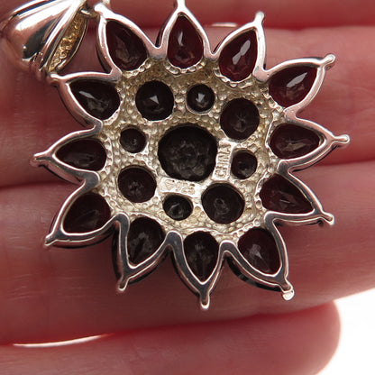 925 Sterling Silver Vintage Real Red Garnet Floral Charm Pendant