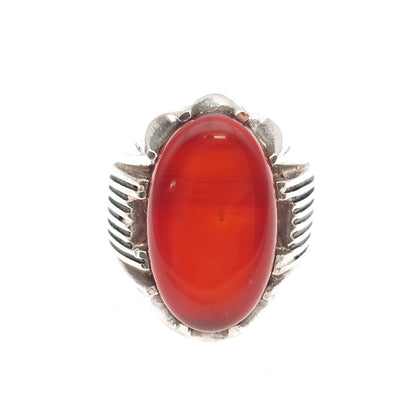 925 Sterling Silver Vintage Real Carnelian Modernist Oxidized Ring Size 9.5