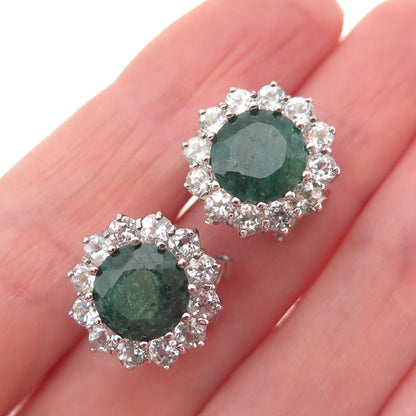 925 Sterling Silver Vintage Real Emerald & White Topaz Omega Back Earrings