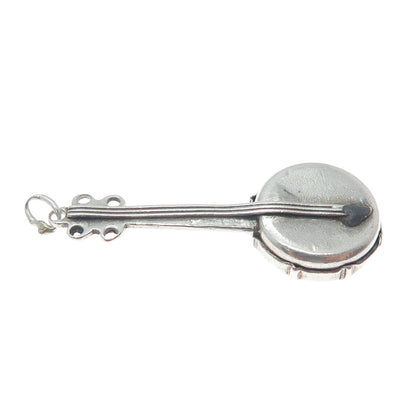 925 Sterling Silver Antique Art Deco Banjo Minimalist Oxidized 3D Charm Pendant