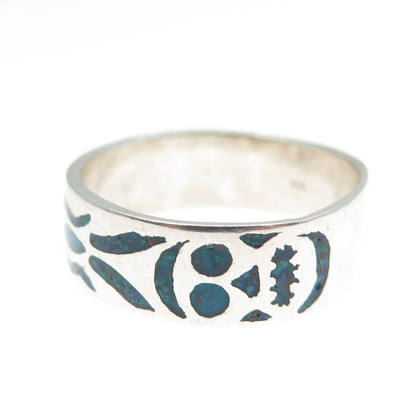 925 Sterling Silver Vintage Real Turquoise Inlay Skull Oxidized Ring Size 11.25