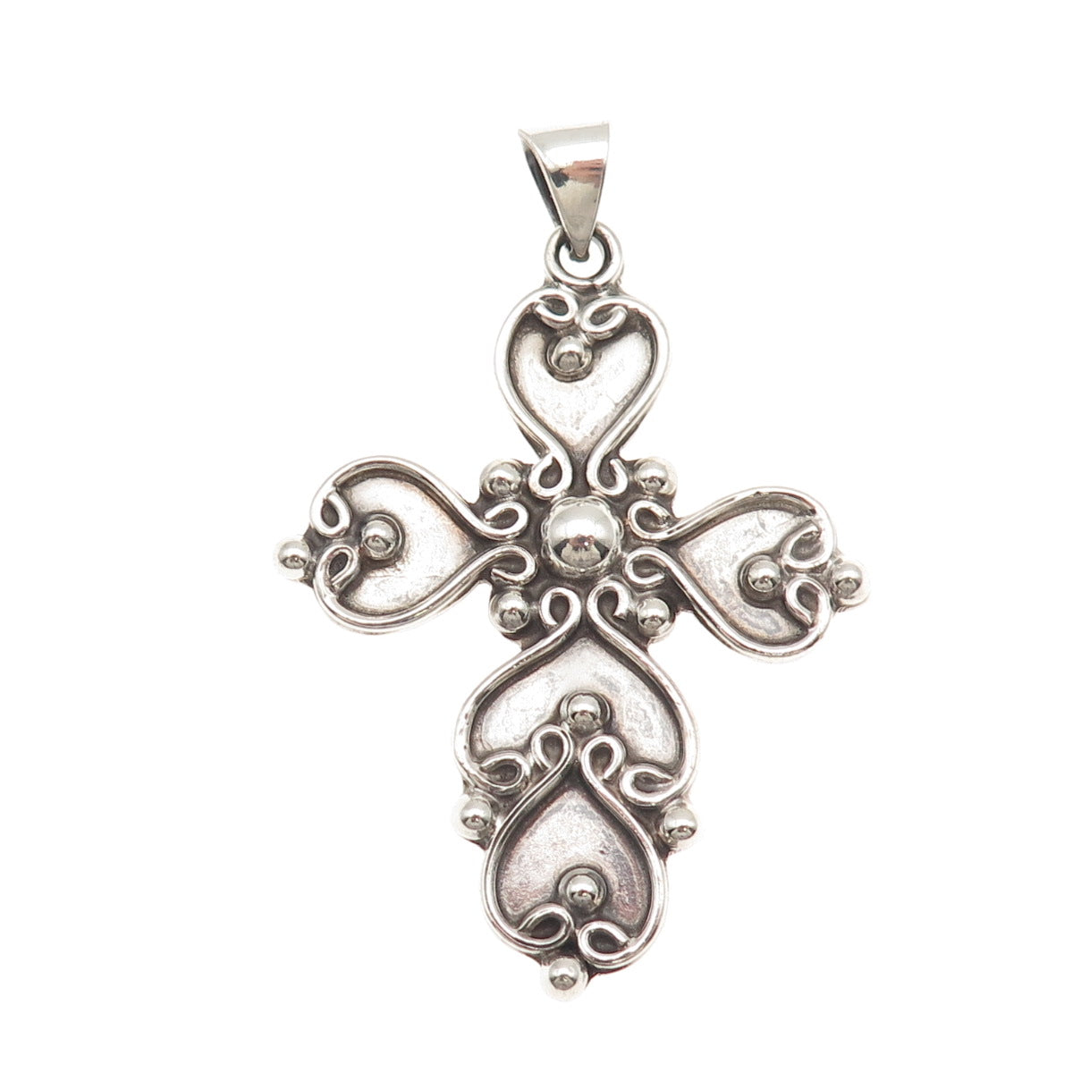 925 Sterling Silver Vintage Mexico Heart Ornate Cross Oxidized Pendant