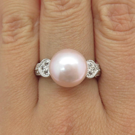 LUC 925 Sterling Silver Real Rose Pearl & White Topaz Ring Size 8.5