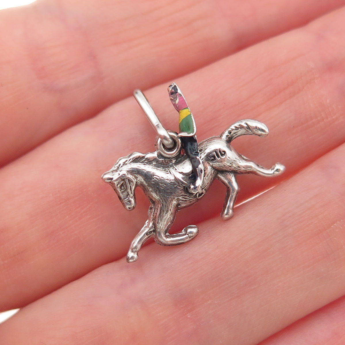 925 Sterling Silver Antique Art Deco Enamel Horse Rider Mini Charm Pendant