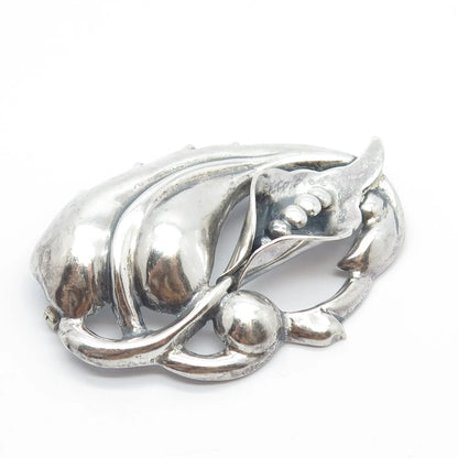 925 Sterling Silver Vintage Lily Floral Modernist Pin Brooch