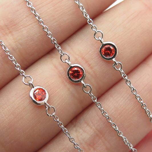 925 Sterling Silver Round-Cut Shaped Red C Z By The Yard Chain Necklace 18"